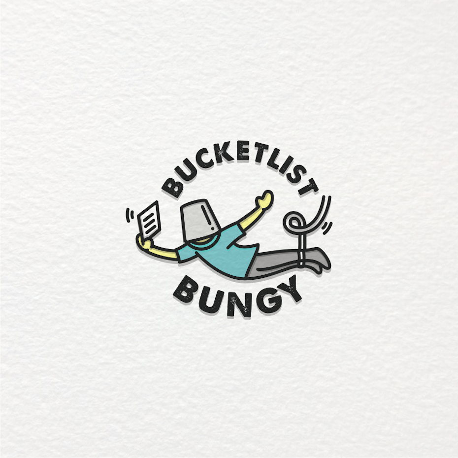 drawing of a person suspended by a bungee with a bucket on their head