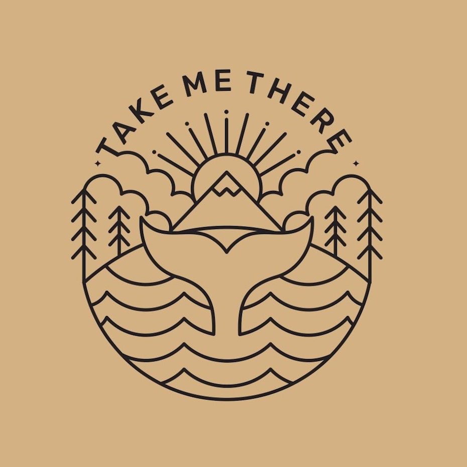 line art travel logo with trees, sun and fish tail