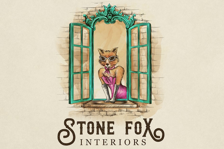 drawing of an anthropomorphic fox leaning out an ornate window with the text “Stone Fox Interiors”