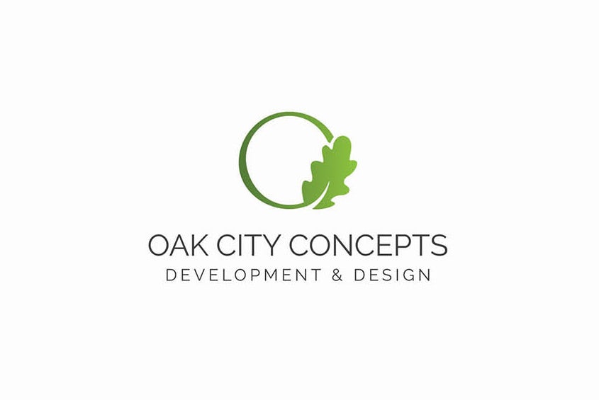 round green logo with a leaf and the text “Oak City Concepts Development and Design”
