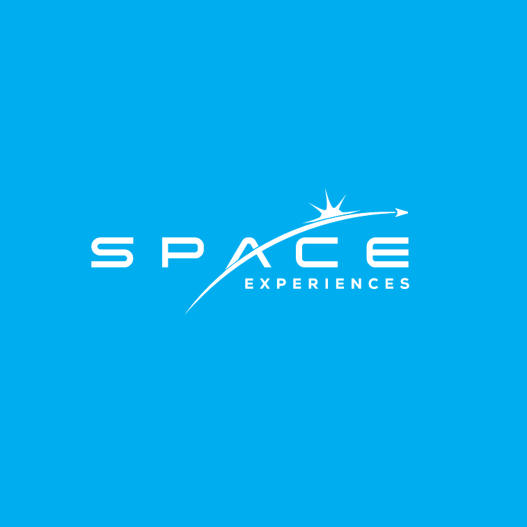 the text “space experiences” with a curved line shooting across a sunburst