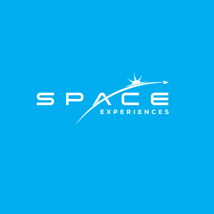 the text “space experiences” with a curved line shooting across a sunburst
