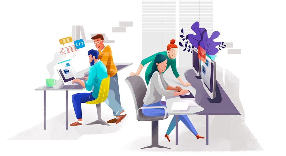 Illustration d'une équipe travaillant ensemble sur des ordinateurs