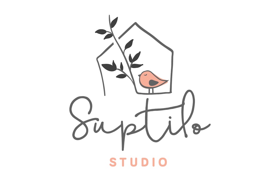 line drawing of a house with a bird sitting calmly beside a branch and the text “Suptilo Studio”