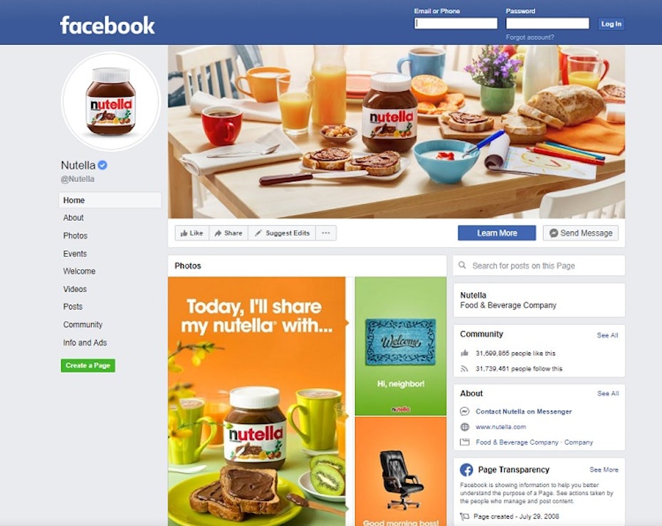Ejemplo de sitio web de redes sociales de Facebook de Nutella