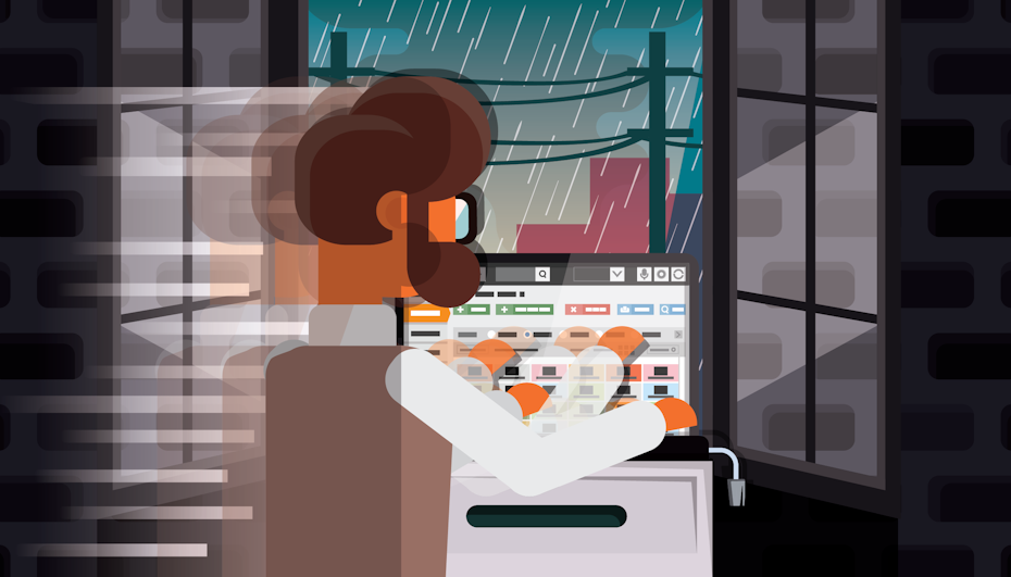 Flat illustration of a cartoon man working at a computer