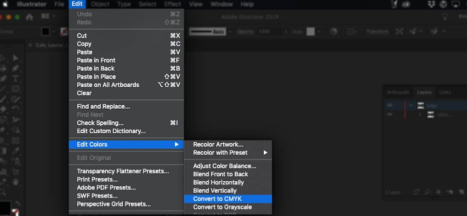 Screenshot showing how to convert an Illustrator document's color mode