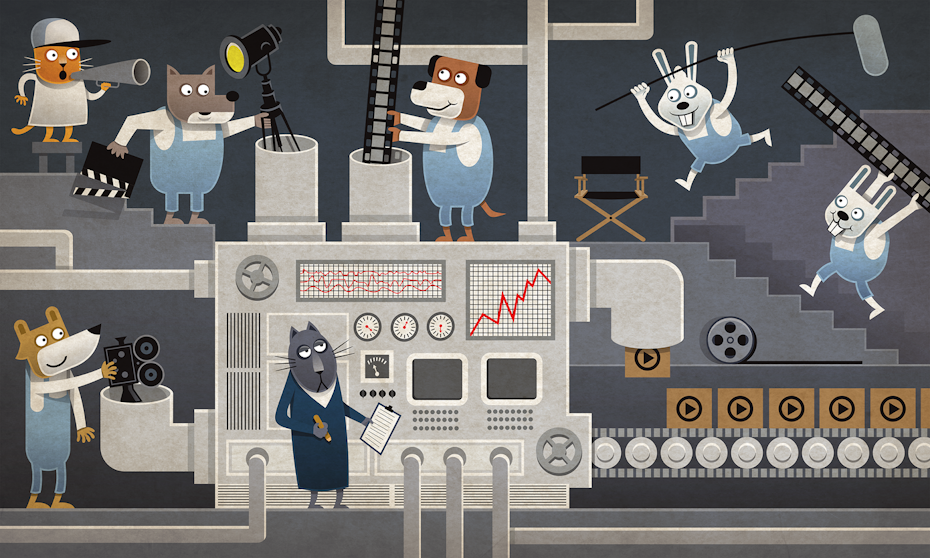 cartoon illustration of animals working in a factory illustrating how to make a video 