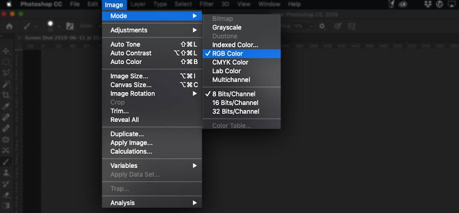 Screenshot showing how to check the color mode in Photoshop