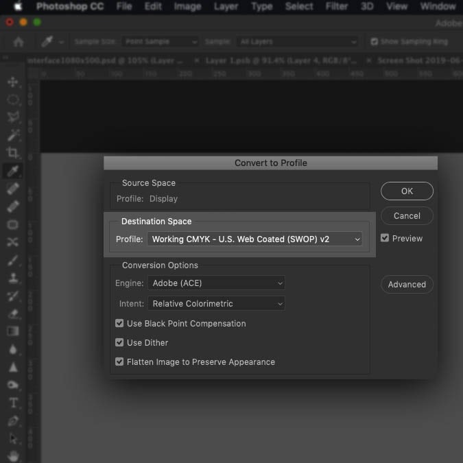 Captura de pantalla que muestra el segundo paso para convertir el modo de color de un documento de Photoshop