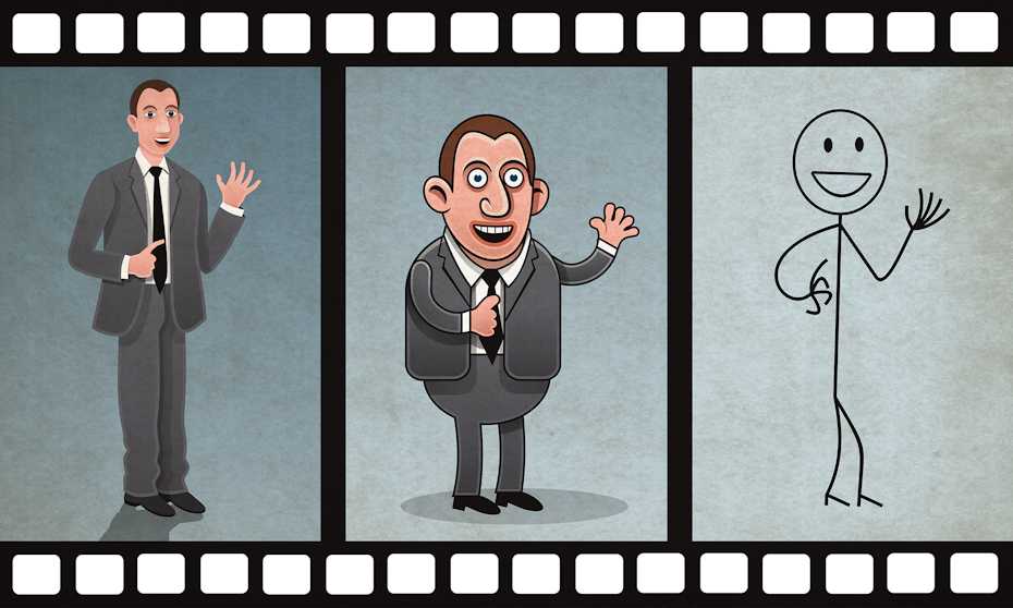 illustration of film strip showing different video styles using a stick figure, cartoon character and live person