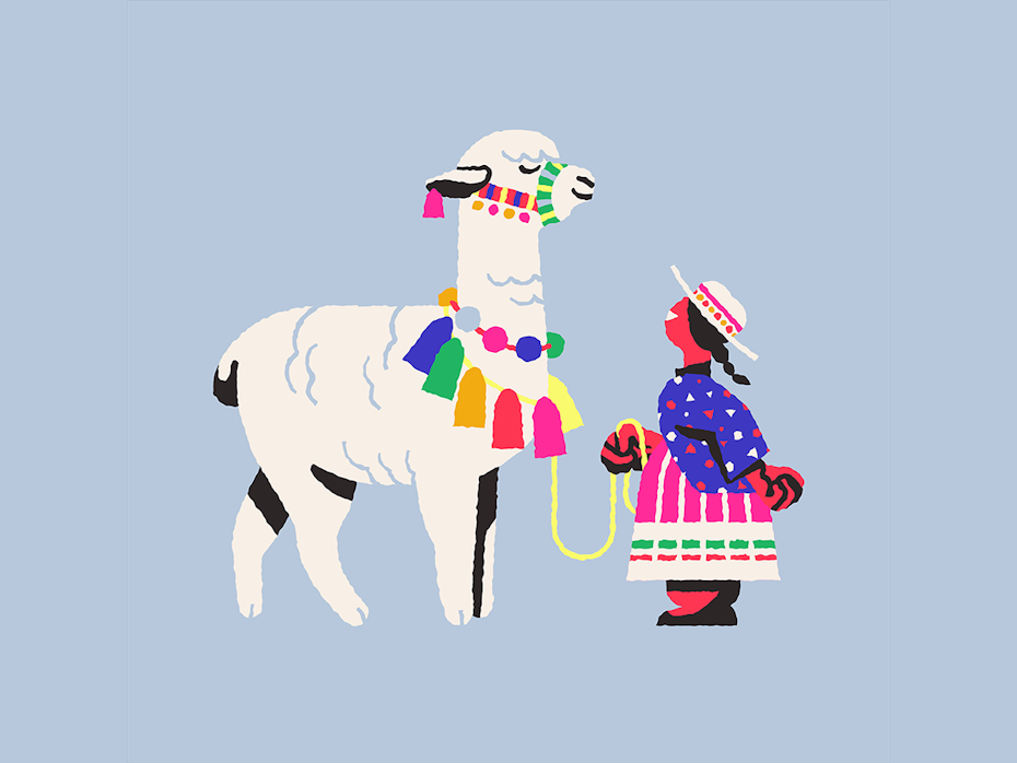 Regenbogen illustration mit Lama und Frau