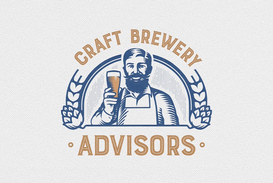 two-tone vintage style advisor logo of a man holding up a glass of beer and smiling at the viewer