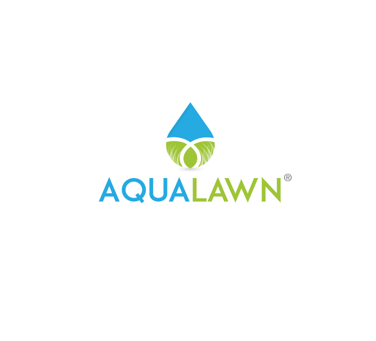 water droplet, half in blue and half in green, with the text “Aqualawn”