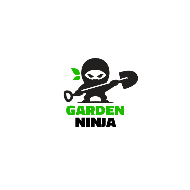 silhouette of a ninja with a face and the shaft of a shovel in negative space and green leaves peeking behind his head with the text “Garden Ninja”