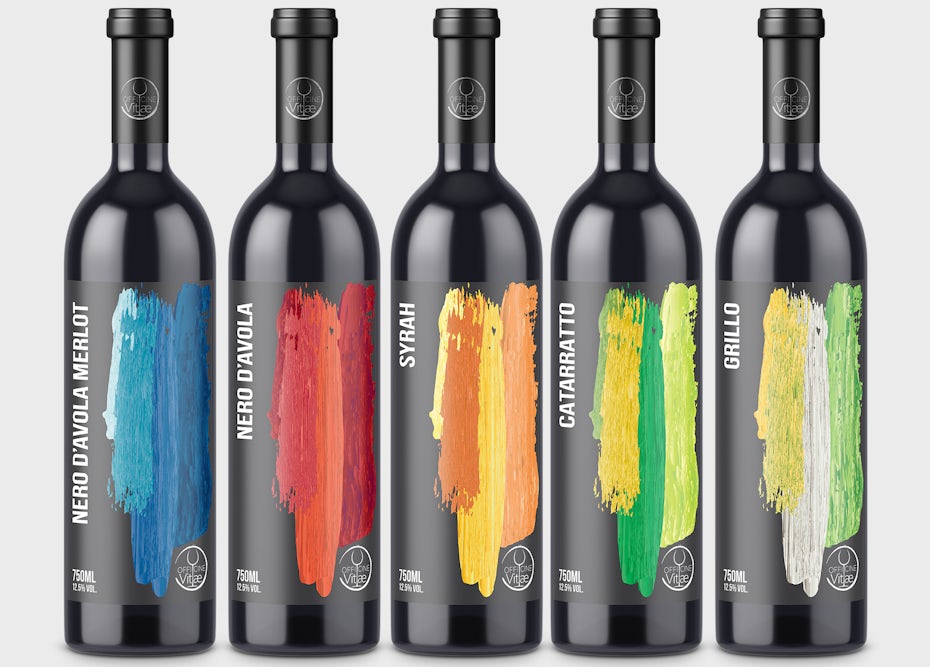 Wine label design with rainbow paint strokes