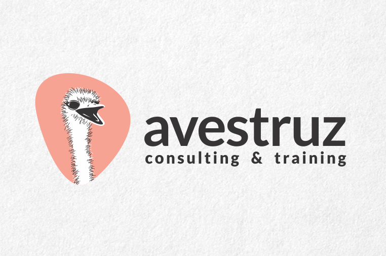 consulting logo with illustration of an ostrich’s head with its beak open against a pink geometric background