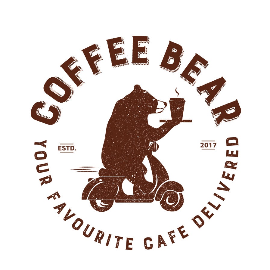 coffee delivery logo with bear on scooter delivering coffee
