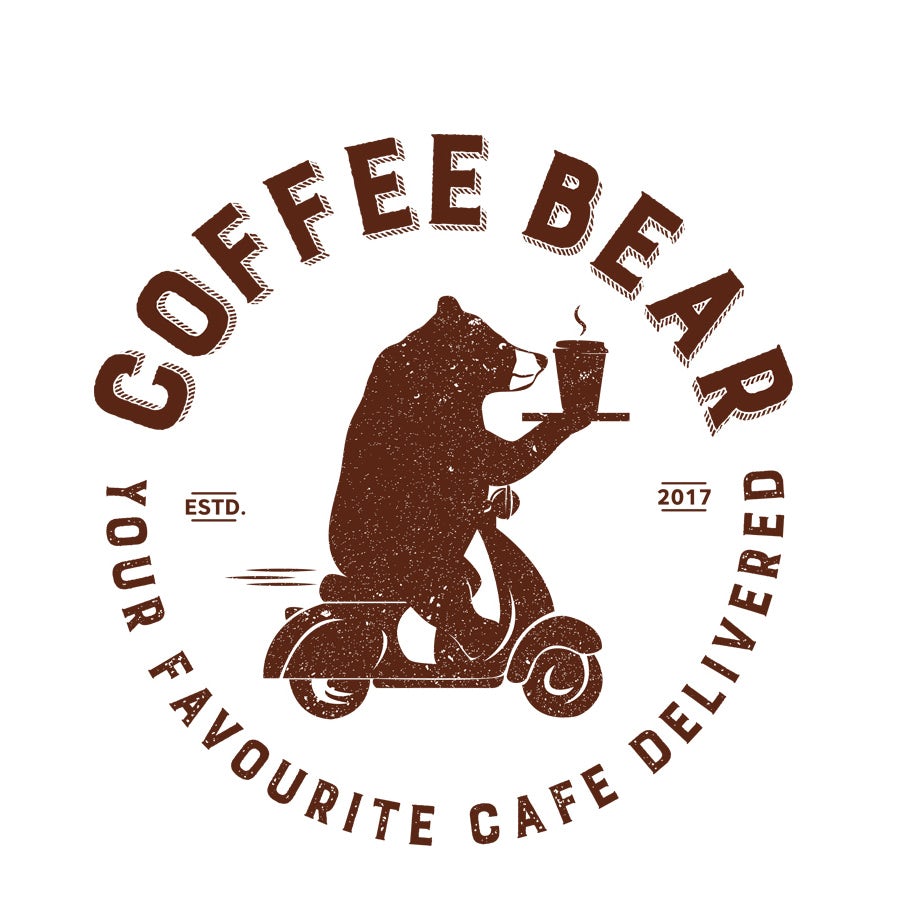 coffee delivery logo with bear on scooter delivering coffee