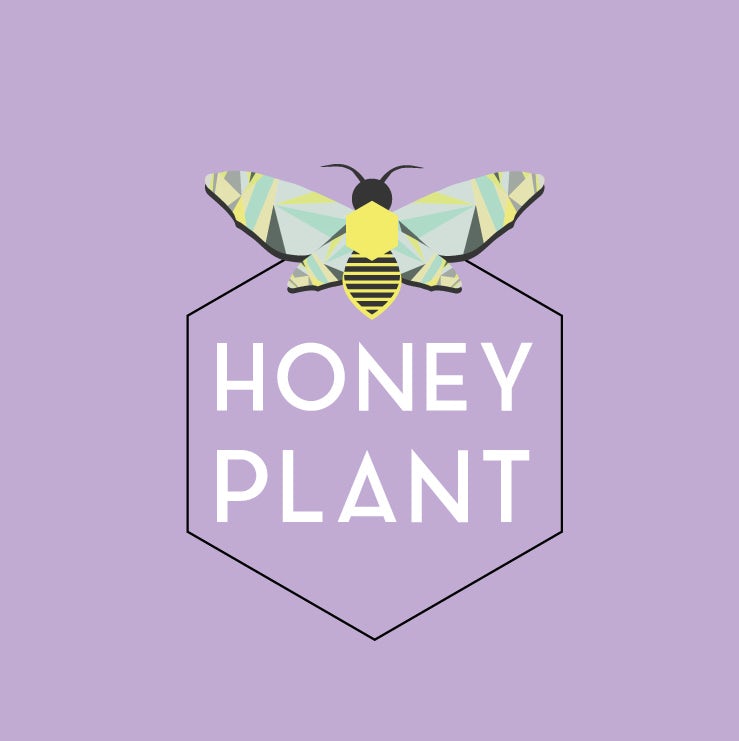 hexagon-shaped logo with an image of a bee and the text “Honey Plant”