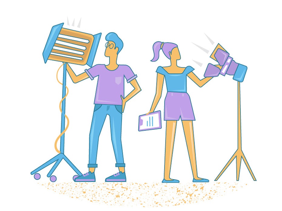 An illustration of a crew setting up lights for film