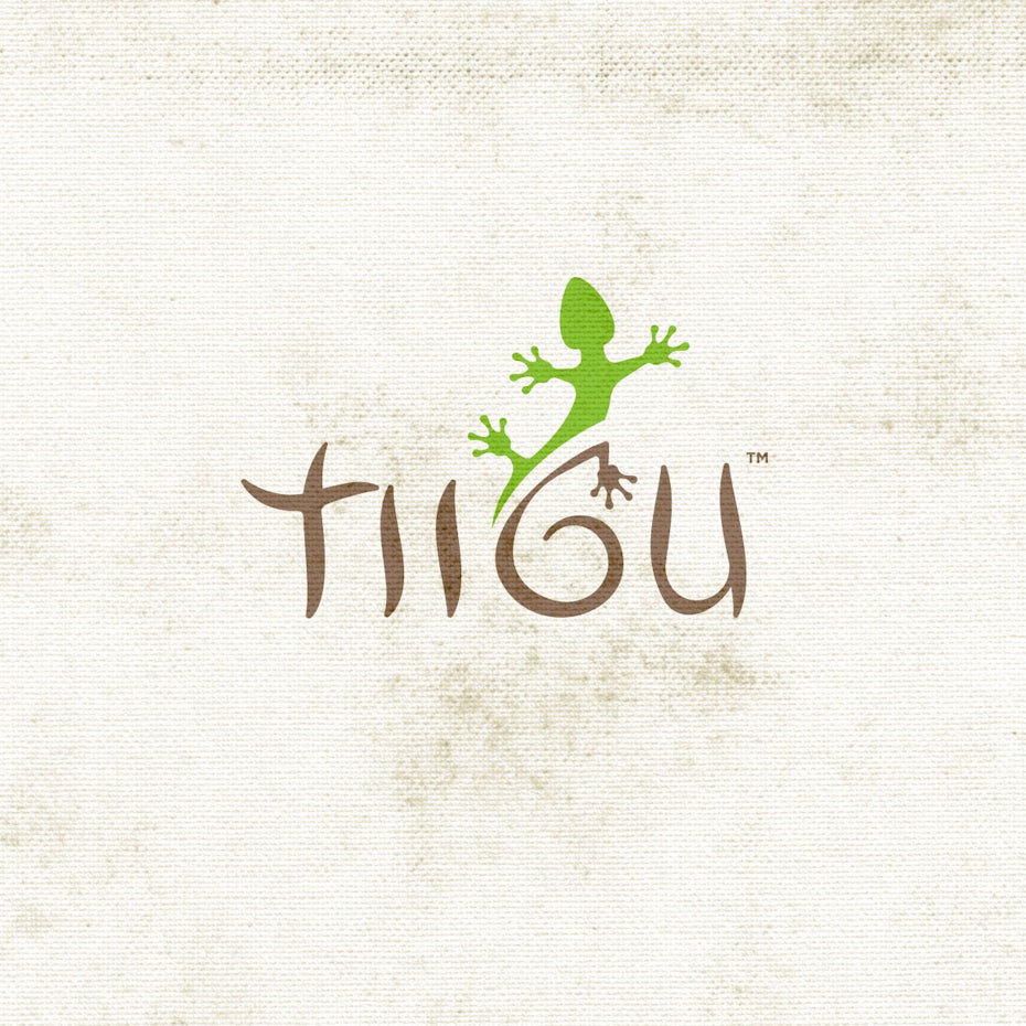 minimalist wordmark logo that says “TIIGU” with a lizard crawling above the G