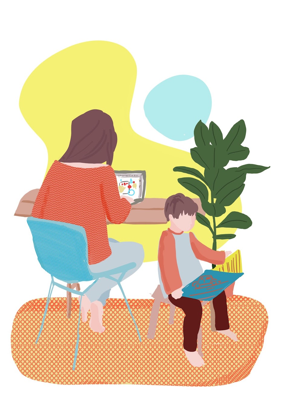 Mother working and son playing illustration