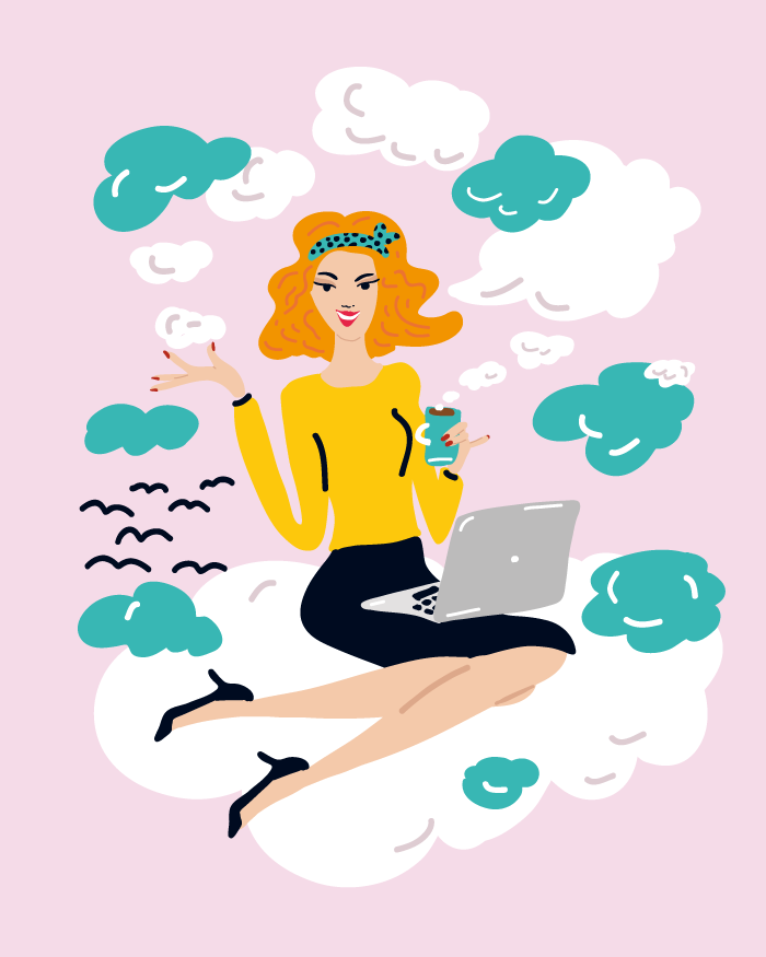 Illustration of woman sitting on cloud with laptop surrounded by speech bubbles