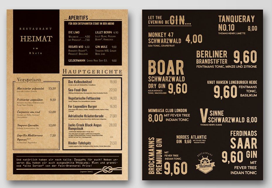 A black and white menu design with large typography