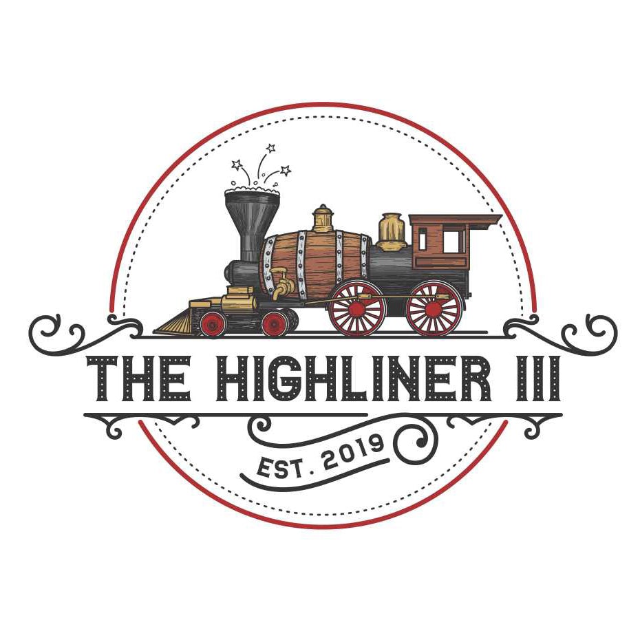 round logo showing an old-fashioned train with a barrel for its engin