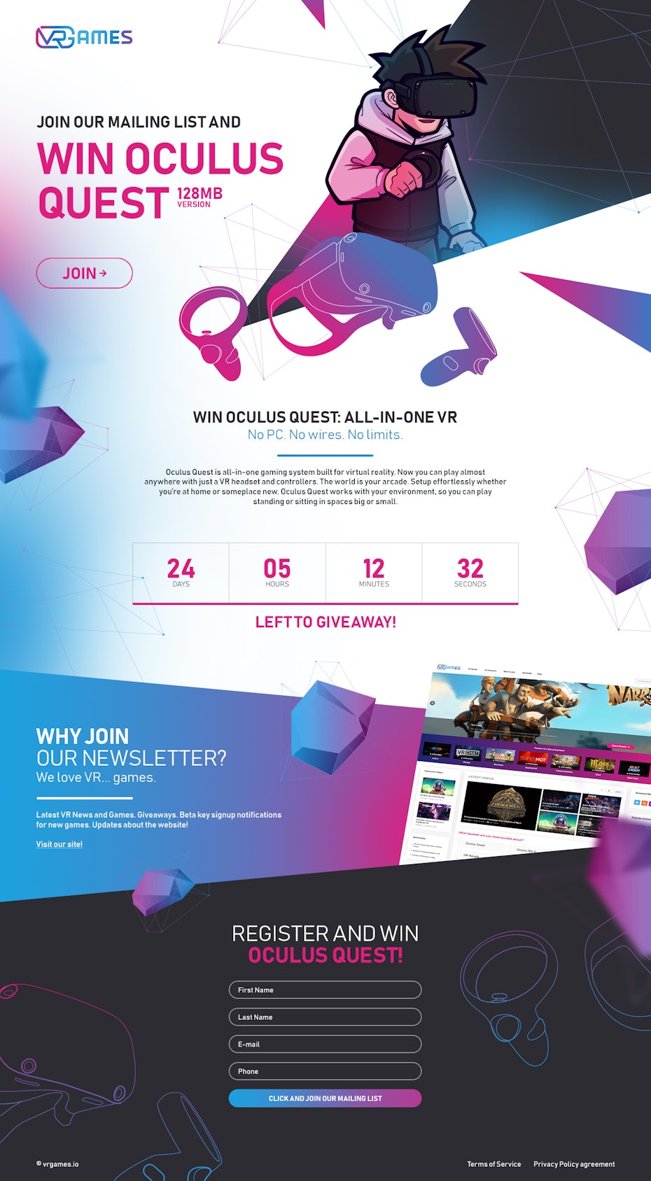 landing page showing vectors, neon blue and pink and a character wearing a VR headset