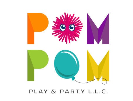 colorful rainbow logo with pom poms and balloons