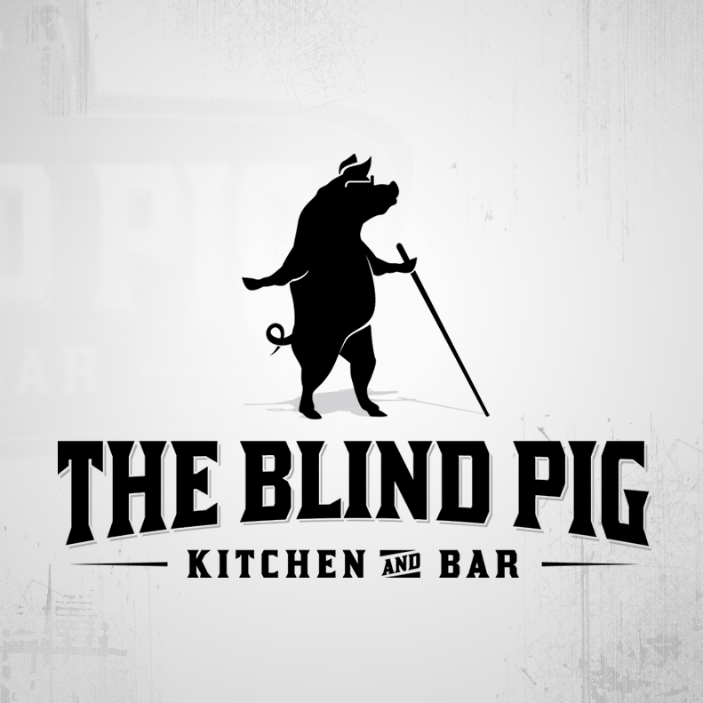image of a pig walking with a cane, its glasses and round belly highlighted in negative space