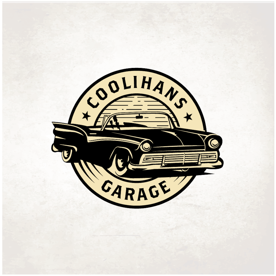 round vintage-style logo showing a retro car