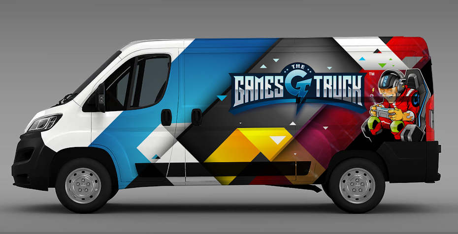 multi-colored vehicle wrap for a video game company truck