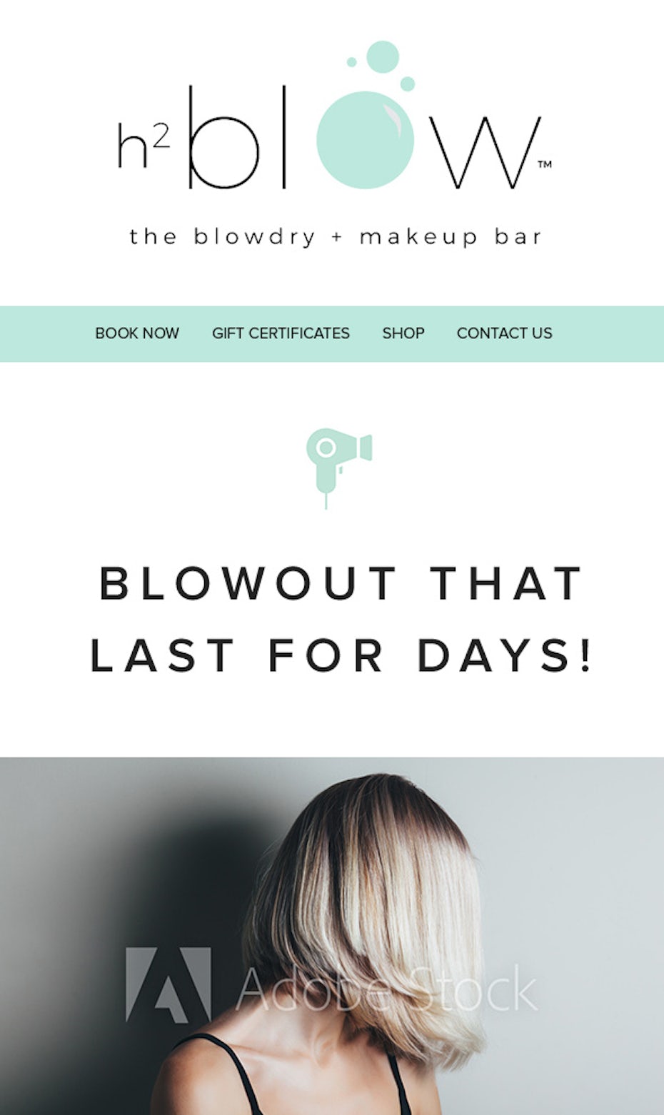 email design with mint accents and photographs of clients’ hairstyles