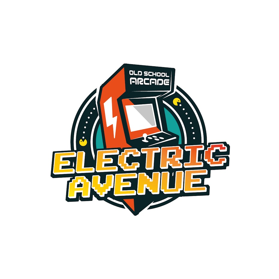 round logo showing an arcade cabinet and pacman circling its perimeter