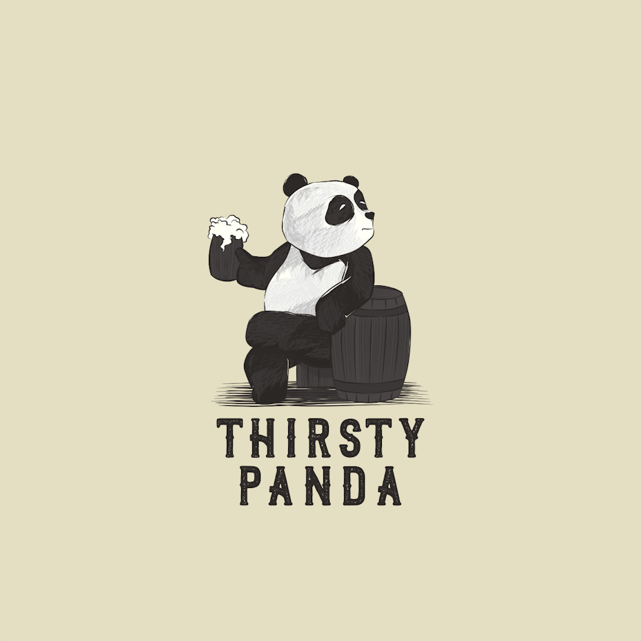 drawing of a panda leaning against a barrel, drinking a beer