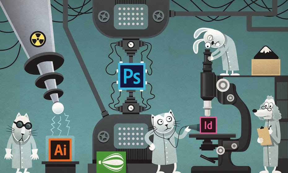 illustration of cats examining design program logos using different machines