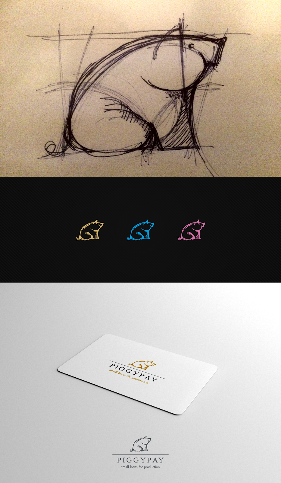 A logo design that goes from sketch to vector to business card mockup