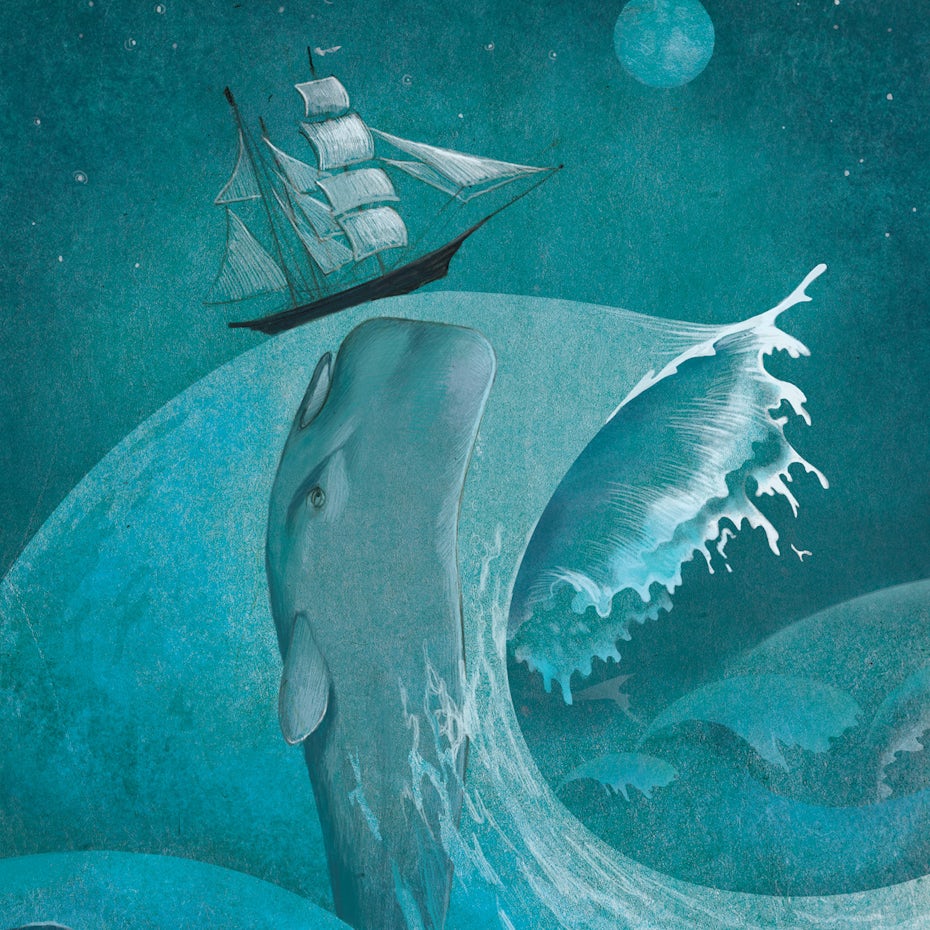 Illustration Wal, Meer, Schiff in der Nacht in Blautönen