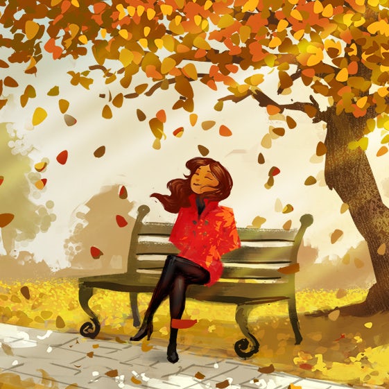 illustration Frau einer Bank vor Baum in Herbstfarben