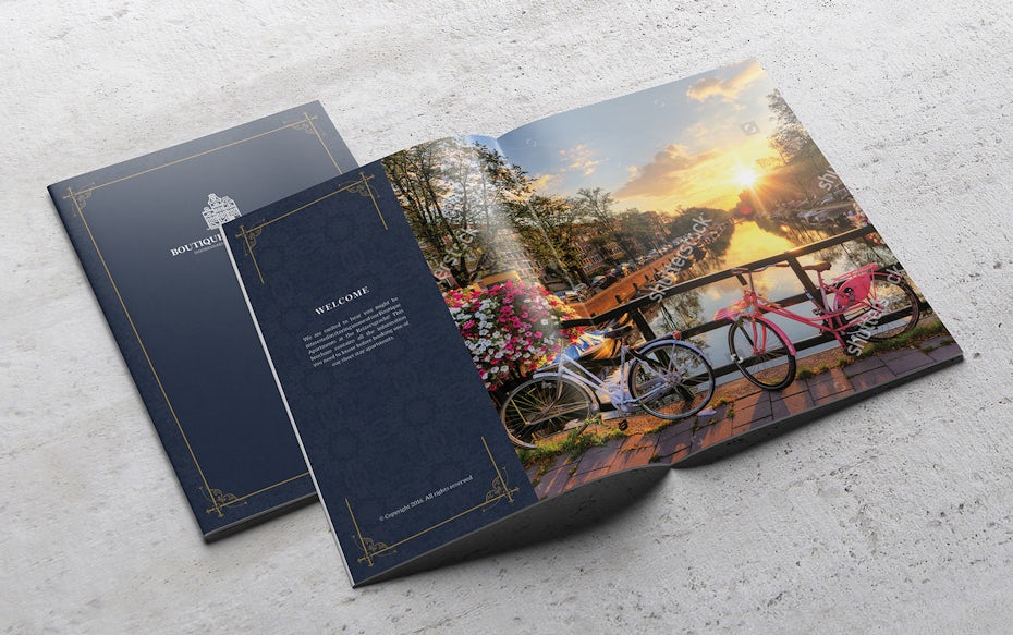 Mockups for a dark blue booklet