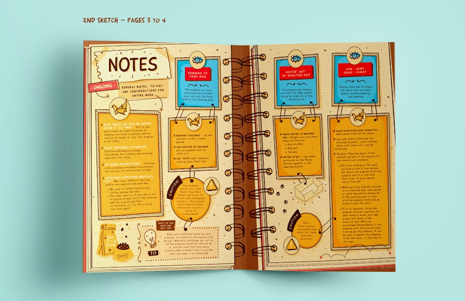 Tan brochure with images that look like notebook pages full of info on raising puppies