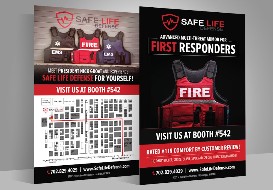 Red, black and white double-sided flyer for a safety vest company