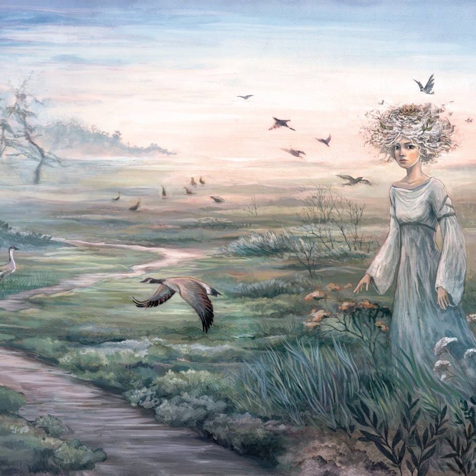 Zeichnung Frau und Vögel in Landschaft in gedeckten Farben