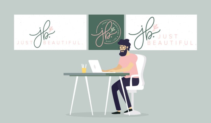 illustration of designer creating a logo with a tagline