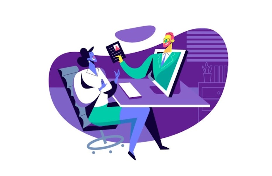 illustration of customer and person jumping out of computer