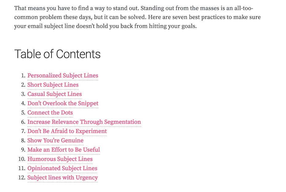 Table of contents made with HTML code