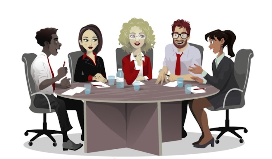 illustration of team talking at table 